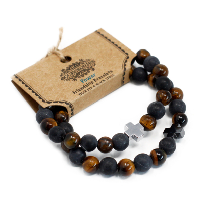 Set of 2 Gemstones Friendship Bracelets - Power - Tiger Eye and Black Stone
