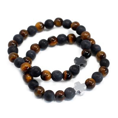 Set of 2 Gemstones Friendship Bracelets - Power - Tiger Eye and Black Stone