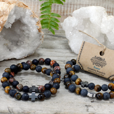 Set of 2 Gemstones Friendship Bracelets - Power - Tiger Eye and Black Stone