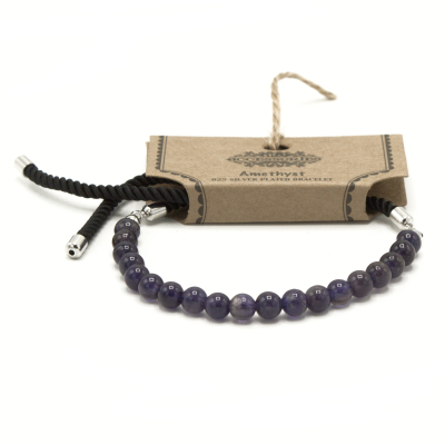 Silver Plated 925 Gemstone Black String Bracelet - Amethyst