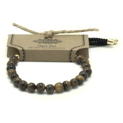 Gold Plated 18K Gemstone Black String Bracelet - Tiger Eye