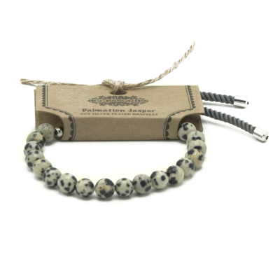 Silver Plated 925 Gemstone Charcoal String Bracelet - Dalmation Jasper