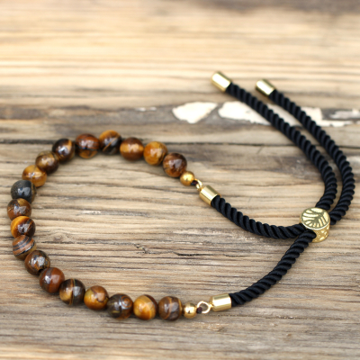 Gold Plated 18K Gemstone Black String Bracelet - Tiger Eye