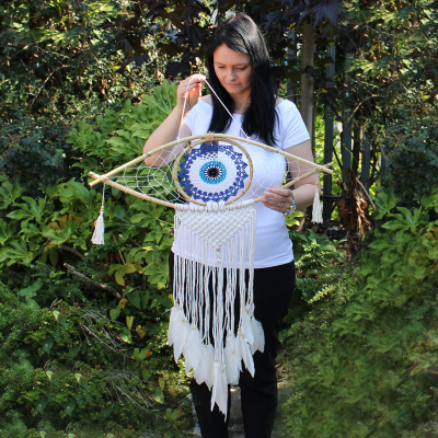 Protection Dream Catcher - Lrg Macrame Evil Eye White Grey Brown