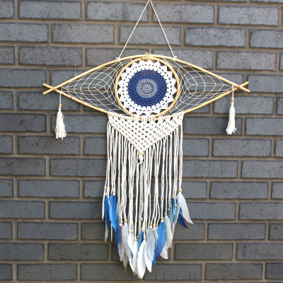 Protection Dream Catcher - Lrg Macrame Evil Eye White Blue Grey