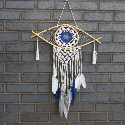 Protection Dream Catcher - Med Macrame Evil Eye White Blue Grey