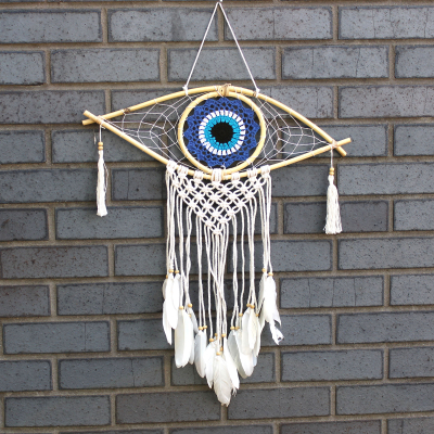 Protection Dream Catcher - Med Macrame Evil Eye Blue White Black