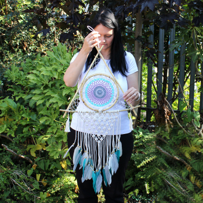 Protection Dream Catcher - Lrg Macrame Pyramid White Turquoise