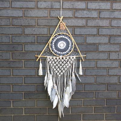 Protection Dream Catcher - Lrg Macrame Pyramid White Grey