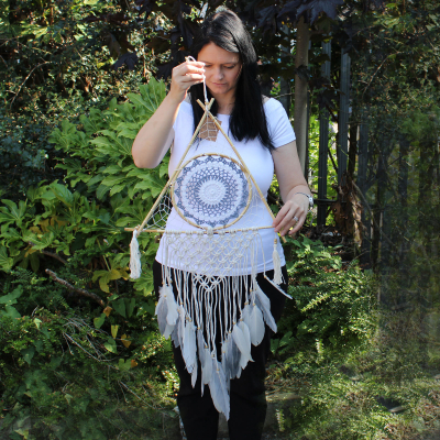 Protection Dream Catcher - Lrg Macrame Pyramid White Grey