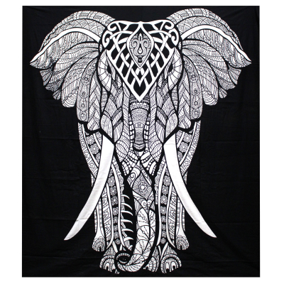 Double Cotton Bedspread Wall Hanging - Elephant BandW