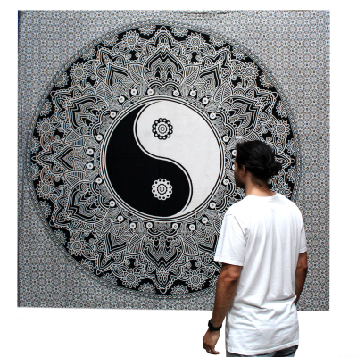 Double Cotton Bedspread Wall Hanging - Ying yang BandW