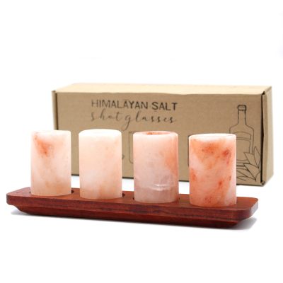 Set of 4 Himalayan Salt Shot Glasses and Wood Serving Stand