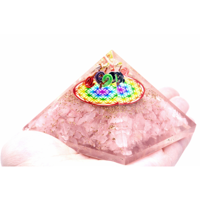 Orgonite Pyramid - Rose Quartz Rainbow Flower of Life - 70 mm