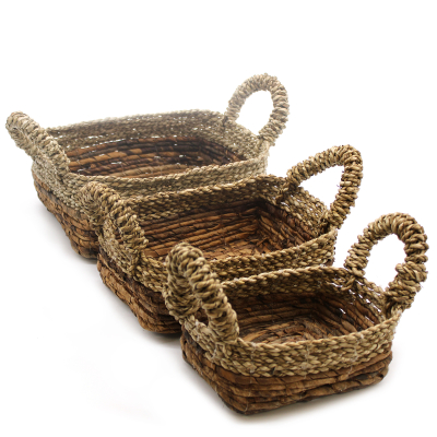Banana Leaf and Seagrass Square Basket- Set of 3