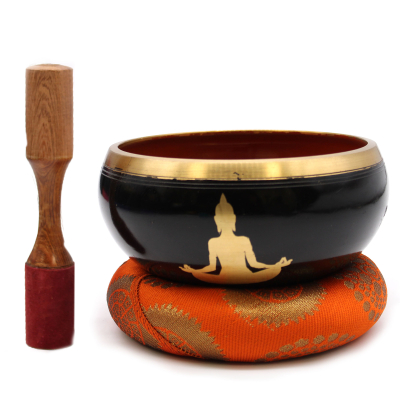 Lrg Buddha Singing Bowl Set- Black Orange 14cm