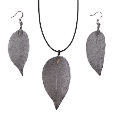 Necklace and Earring Set - Bravery Leaf - Pewter